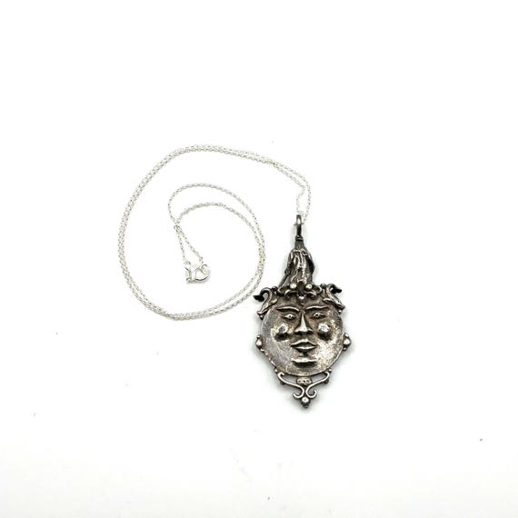 Antique Sterling Silver Sun Face Sundial Pendant Necklace
