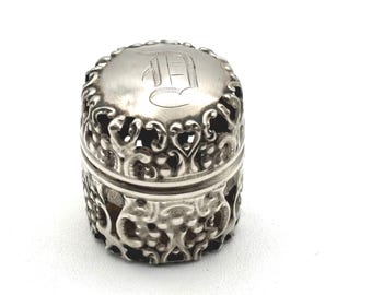 Antique Sterling Silver Repousse Thimble Holder &quot;D&quot; Monogram