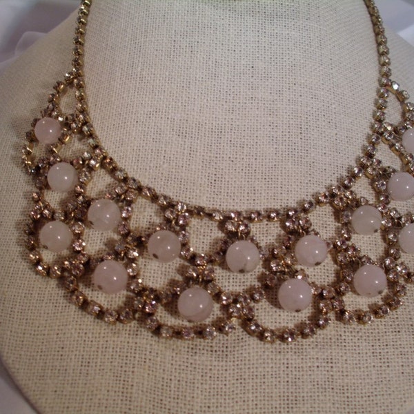 wonderful vintage gold plated sterling silver rhinestone and rose quartz collar necklace 16 inches