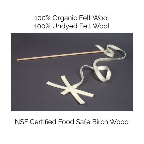 100% Organic Undyed Felt Wool & Certified Food Safe Birch Wood Cat Wand Toy For Cats, Dragon Flyer by The Green Cat Lady, LLC ™, Made in USA