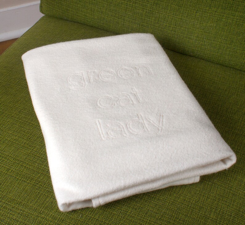 100% Organic Undyed White Cotton Fleece Double Layered Embroidered Blanket, Small / Medium, by The Green Cat Lady, LLC ™, Made in USA image 10