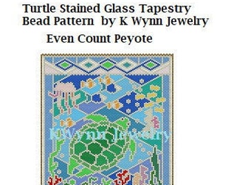 Turtle Stained Glass Tapestry Bead Pattern Even Count Peyote Stitch Miyuki Delica Sea Turtle with Fish Jellyfish Seahorse and Coral