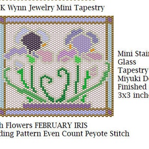 May include: A beaded tapestry pattern for a February birth flower, an iris. The pattern is for even count peyote stitch and is designed for Miyuki Delica beads. The finished size is 3x3 inches.