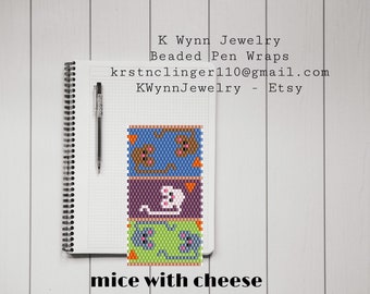 BEAD PATTERN Mice with Cheese PEN Cover Flat even count Peyote stitch for Miyuki Delica Beads fits a G2 Pilot Pen