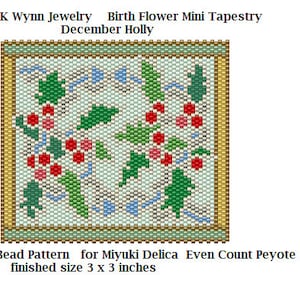 Birth Flowers DECEMBER Holly Stained Glass Mini Tapestry Beading Pattern even count Peyote Stitch Miyuki Delica Holly branches and berries image 1