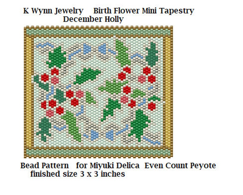 Birth Flowers DECEMBER Holly Stained Glass Mini Tapestry Beading Pattern even count Peyote Stitch Miyuki Delica Holly branches and berries image 1