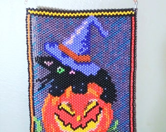 Banner Witchy Cat and Pumpkin Halloween Tapestry Pattern size 08 beads Even Peyote Stitch  Cat and Jack O Lantern Banner Halloween Pattern