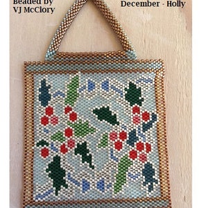 Birth Flowers DECEMBER Holly Stained Glass Mini Tapestry Beading Pattern even count Peyote Stitch Miyuki Delica Holly branches and berries image 4