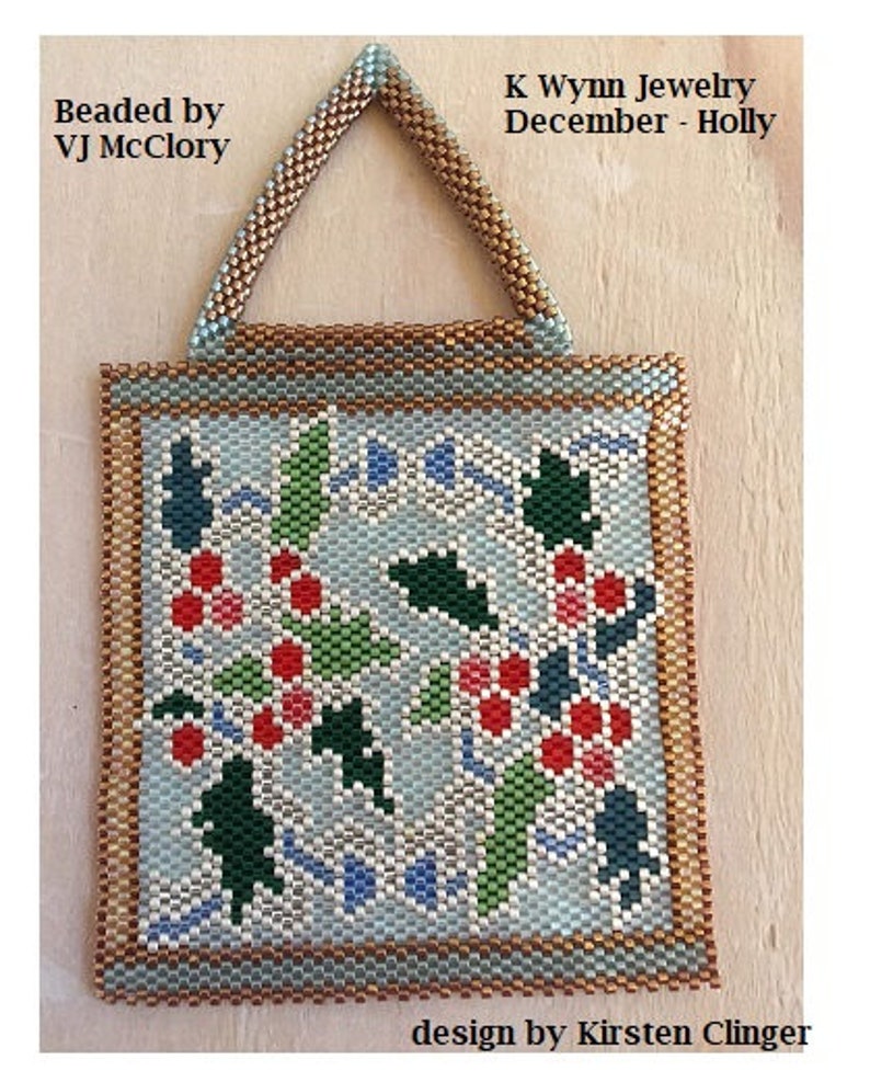 Birth Flowers DECEMBER Holly Stained Glass Mini Tapestry Beading Pattern even count Peyote Stitch Miyuki Delica Holly branches and berries image 4