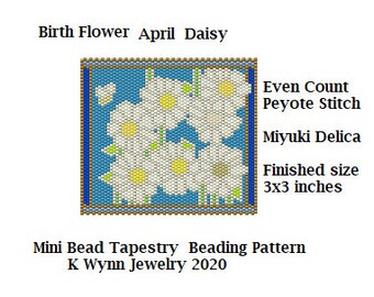 Birth Flower APRIL Daisy Stained  Glass Mini Tapestry Beading Pattern even count Peyote Stitch Miyuki Delica Field of Daisies and little Bee
