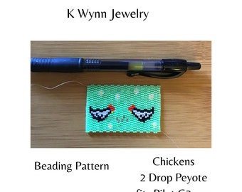 Bead Pattern 2 DROP Chickens Pen Cover Wrap Flat Peyote Stitch Hens and Daisies  Pilot G2 Pen Neon Background Bead Pattern Two Drop Peyote