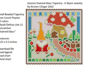 Gnome Stained Glass Tapestry Even Count Peyote Stitch Bead Pattern Sun Catcher Mini Tapestry Beading Pattern Gnome with Mushroom Cottage