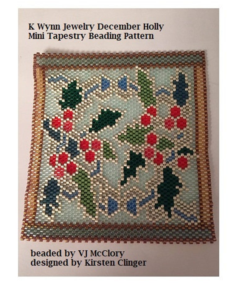 Birth Flowers DECEMBER Holly Stained Glass Mini Tapestry Beading Pattern even count Peyote Stitch Miyuki Delica Holly branches and berries image 2