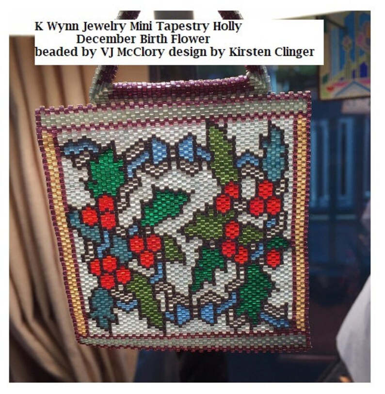Birth Flowers DECEMBER Holly Stained Glass Mini Tapestry Beading Pattern even count Peyote Stitch Miyuki Delica Holly branches and berries image 3