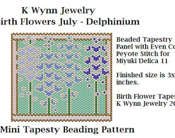 Birth Flower JULY Delphinium Stained  Glass Mini Tapestry Beading Pattern even count Peyote Stitch Miyuki Delica Delphinium Flowers