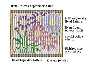 Birth Flowers SEPTEMBER Asters Stained Glass Mini Tapestry Beading Pattern  even count Peyote Stitch Miyuki Delica Pink Blue Purple Asters