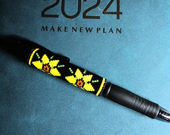 Bead Pattern Sunflower Pen Cover Wrap Flat Peyote Stitch for Pilot G2 Pen Miyuki Delica Beading Pattern