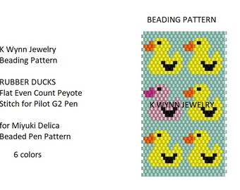 Bead Pattern Rubber Duck Pen Cover Wrap Flat Even Count Peyote Stitch Pen Miyuki Delica Beading Pattern Yellow Rubber Ducks Just Ducky
