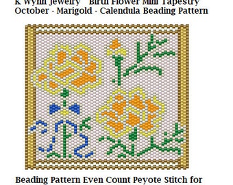 Birth Flowers OCTOBER Marigold Stained Glass Mini Tapestry Beading Pattern even count Peyote Stitch Miyuki Delica Marigold Calendula Flowers