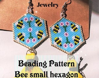 Small Hexagon Bee Earring Pattern Odd Count Peyote Stitch Beaded Hexagon Pattern 2 color versions Bees and Flowers Small Bees