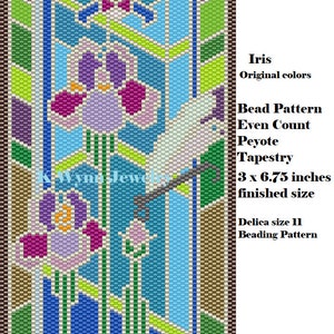 Bead Pattern Peyote Iris Stained Glass Tapestry Panel Beading Even Count Peyote Pattern Miyuki Delica Irises with Damselfly Dragonfly image 1