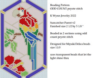 Suncatcher Parrot v2 Beading Pattern ODD Count Peyote Stitch Miyuki Delica Transparent Beads Stained Glass Style Beading Pattern Parrot v2