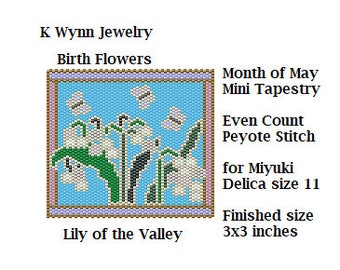 Birth Flowers MAY Lily of the Valley Stained Glass Mini Tapestry Beading Pattern even count Peyote Stitch Miyuki Delica Lily of the Valley