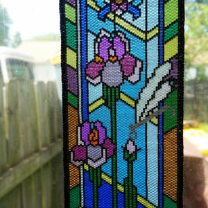 Bead Pattern Peyote Iris Stained Glass Tapestry Panel Beading Even Count Peyote Pattern Miyuki Delica Irises with Damselfly Dragonfly image 3