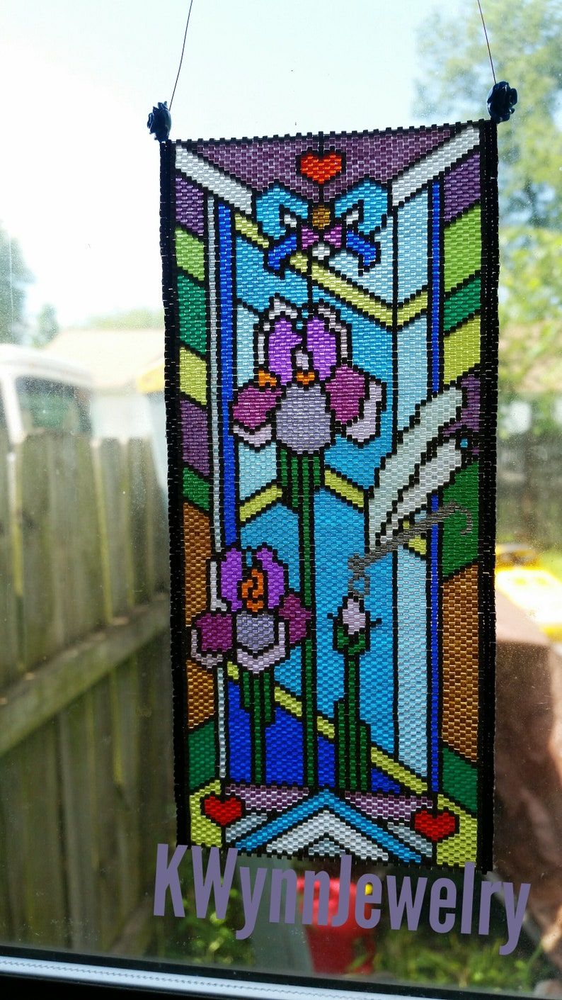 Bead Pattern Peyote Iris Stained Glass Tapestry Panel Beading Even Count Peyote Pattern Miyuki Delica Irises with Damselfly Dragonfly image 3