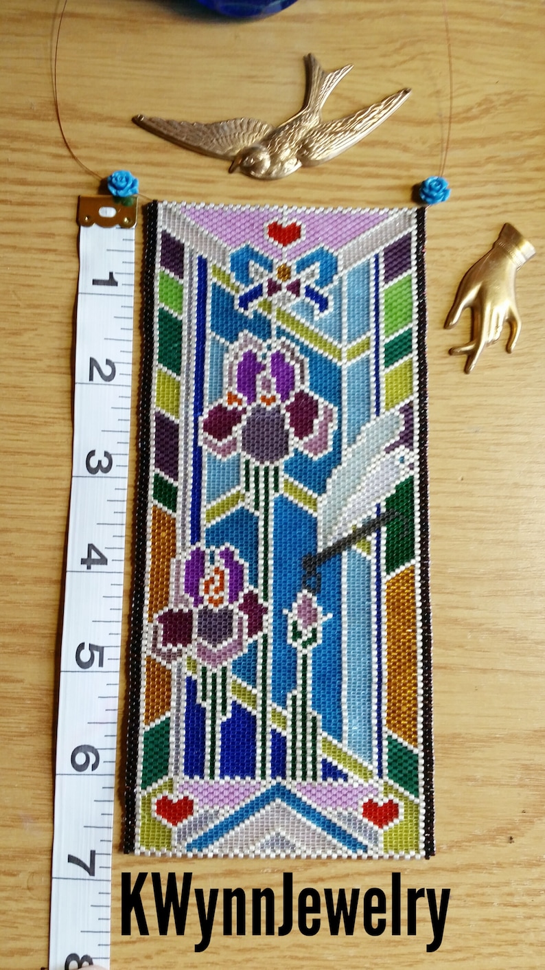 Bead Pattern Peyote Iris Stained Glass Tapestry Panel Beading Even Count Peyote Pattern Miyuki Delica Irises with Damselfly Dragonfly image 5