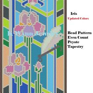 Bead Pattern Peyote Iris Stained Glass Tapestry Panel Beading Even Count Peyote Pattern Miyuki Delica Irises with Damselfly Dragonfly image 4