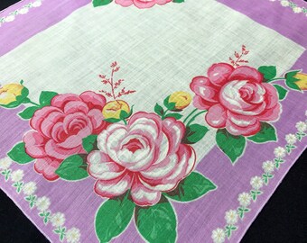 Purple and Pink Floral Hankie Scalloped Purple Flowers Oval Handkerchief Vintage Purple Violet Floral Handkerchief Pure Linen Hankie