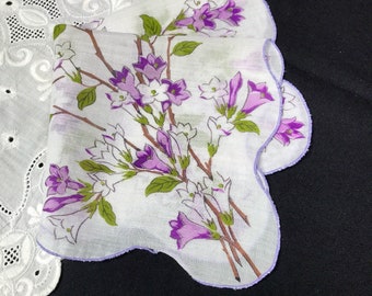 Purple and Pink Floral Hankie Scalloped Purple Flowers Oval Handkerchief Vintage Purple Violet Floral Handkerchief Pure Linen Hankie