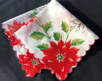 poinsettia Vintage DESCO Red Embroidered Poinsettia Holiday Christmas Handkererchief 11 Square Holiday hanky Christmas handkerchief