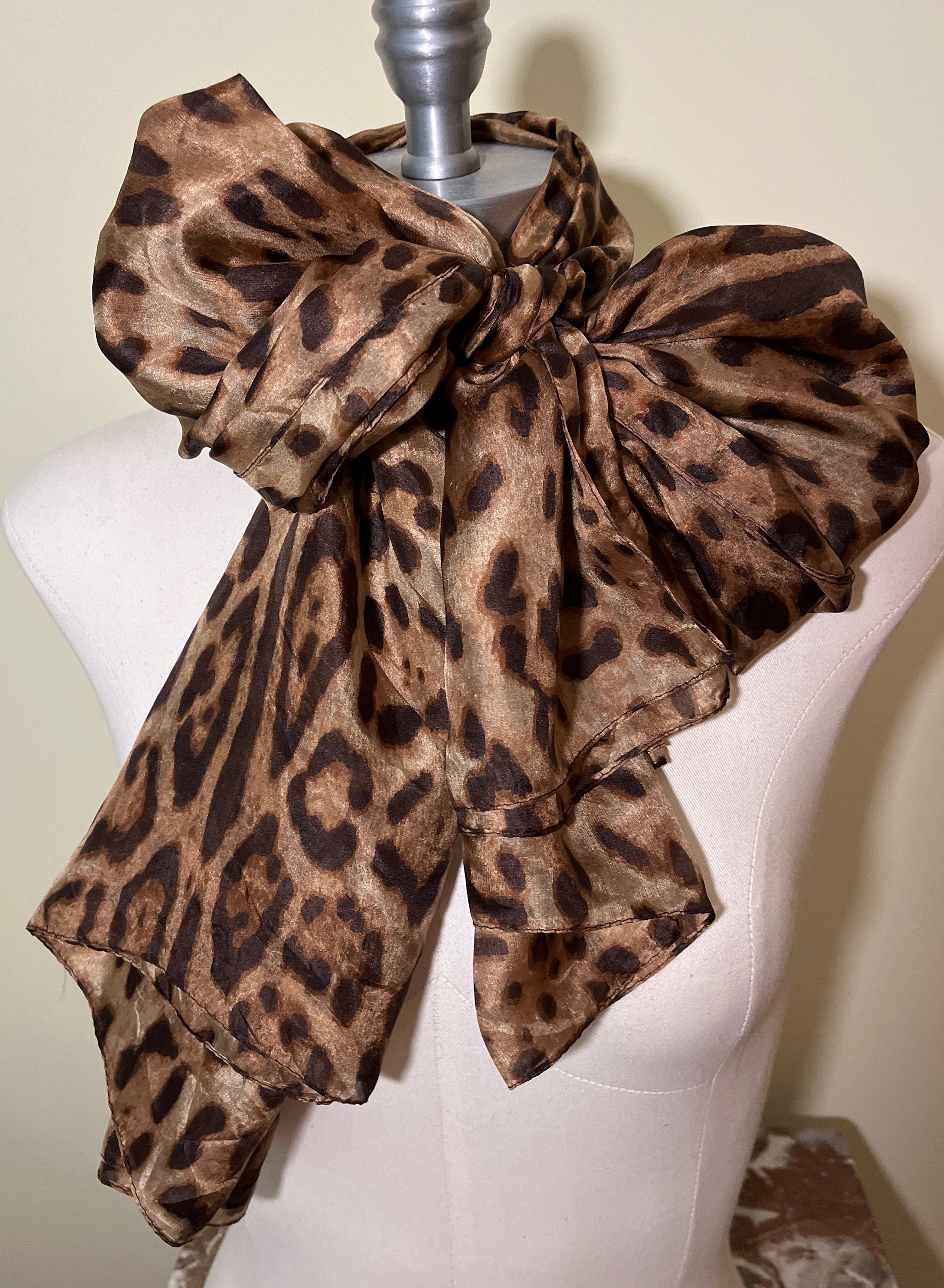Brown Silk Chiffon Scarf With Leopard Print Leopard Printed 