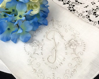 Elegant Vintage Monogram F Wedding Handkerchief, Initial F Hankerchief, White Embroidered Hankie, Letter F Hanky