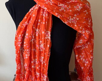 Delightful Vintage Tickled Pink Floral Long Silk Scarf, Tangerine and White Flowers