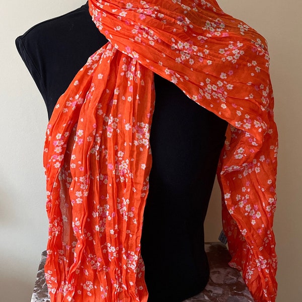 Delightful Vintage Tickled Pink Floral Long Silk Scarf, Tangerine and White Flowers