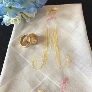 Delightful Yellow and Pink Sheer Monogram M Wedding Handkerchief, Initial M , Hankie, Letter M Hanky