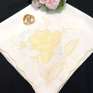 Lovely Yellow Appliquéd and Embroidered Rose Handkerchief, Vintage Floral Wedding Hankerchief, 1950&#39;s Style Hankie, Hanky