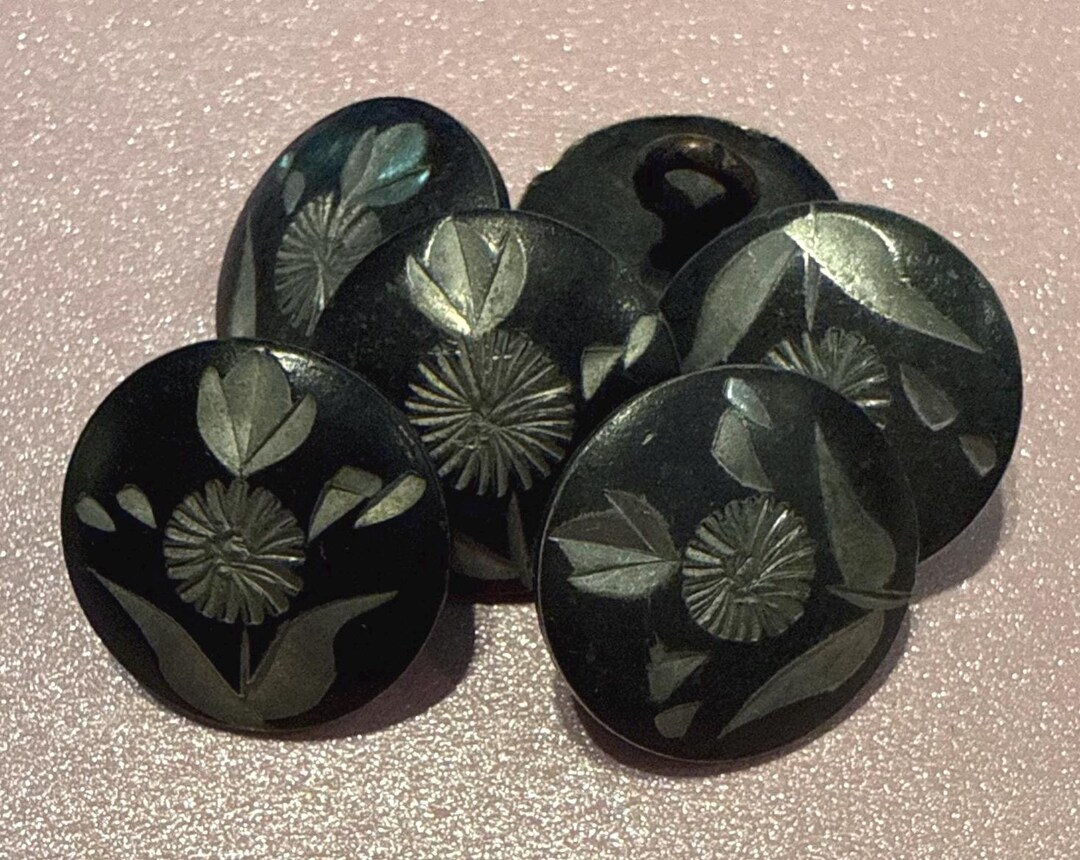 Vintage Floral Mother of Pearl Inlaid Black Metal Buttons: Loop Shank ...