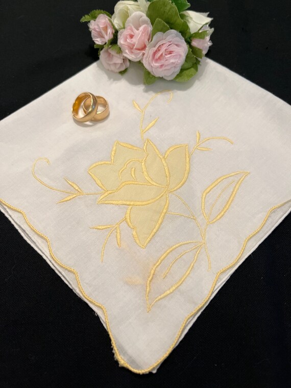 Lovely Yellow Appliquéd and Embroidered Rose Handk