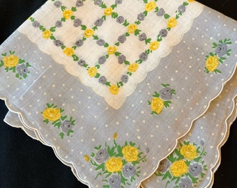 Beautiful Slate Blue Vintage Handkerchief With Yellow Flowers, Hankerchief, Hankie, Hanky