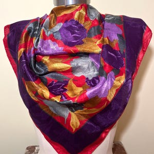 Delightful Vintage 34” Square Silky Scarf, Red,  Purple and Yellow