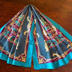 Delightful Vintage 30” Square Silky Scarf in Blue, Gold, Red, Purple