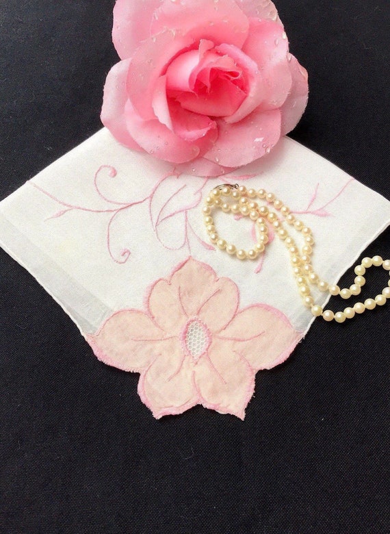 Lovely Pink Appliquéd and Embroidered Handkerchie… - image 1