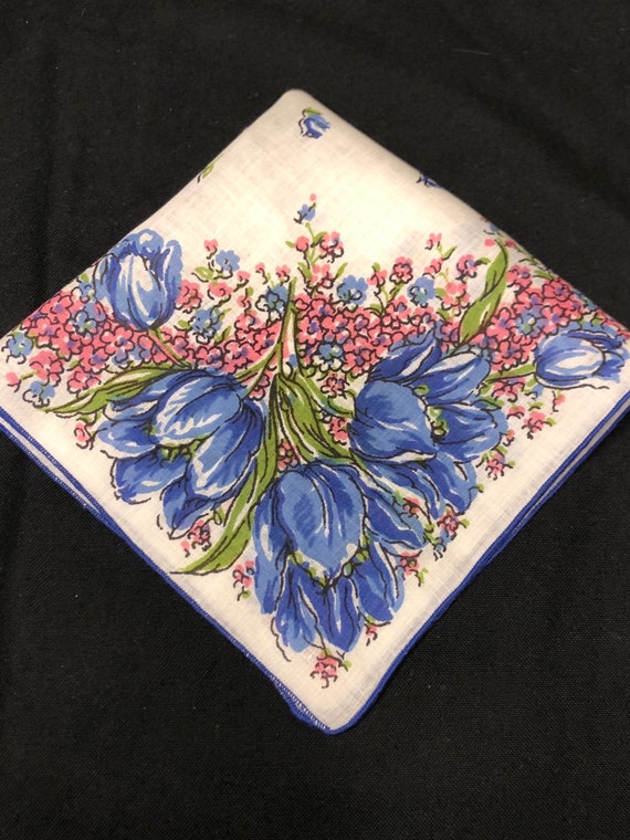 Blue and Pink Floral Handkerchief, Blue Tulip Hank