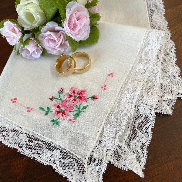 Delicate Embroidered Pink Floral Handkerchief Trimmed with Lace, Wedding Hankerchief, Hankie, Hanky