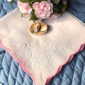 Delicate Embroidered Handkerchief, Floral Hankerchief, Hankie, Wedding Hanky With Crocheted Edge