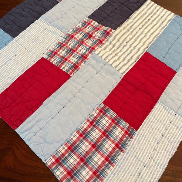 Sweet Vintage 17”x 17” Shabby Chic Cutter Quilt Piece, Red, Blue & White Pieced Block Patchwork, Junk Journal, Photo Prop